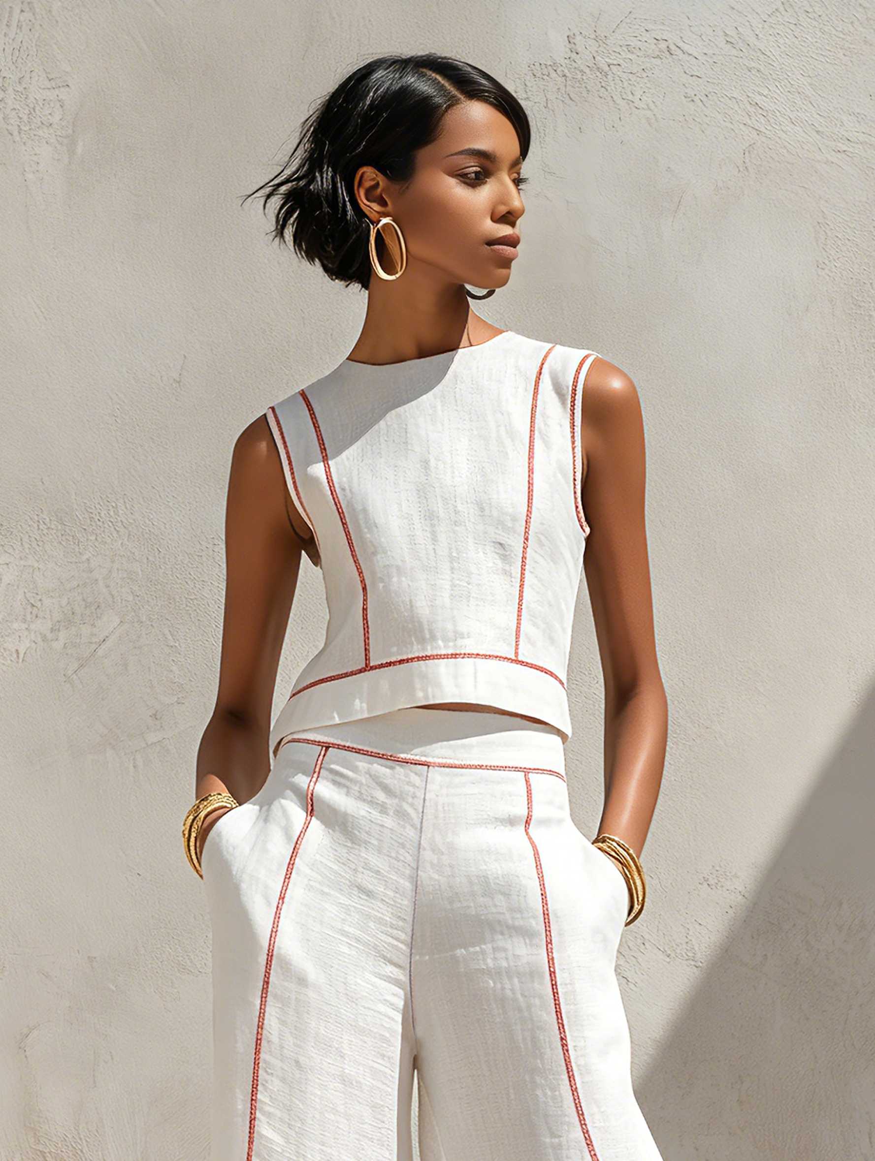 Corallina | Completo pantalone in misto lino con cuciture a contrasto