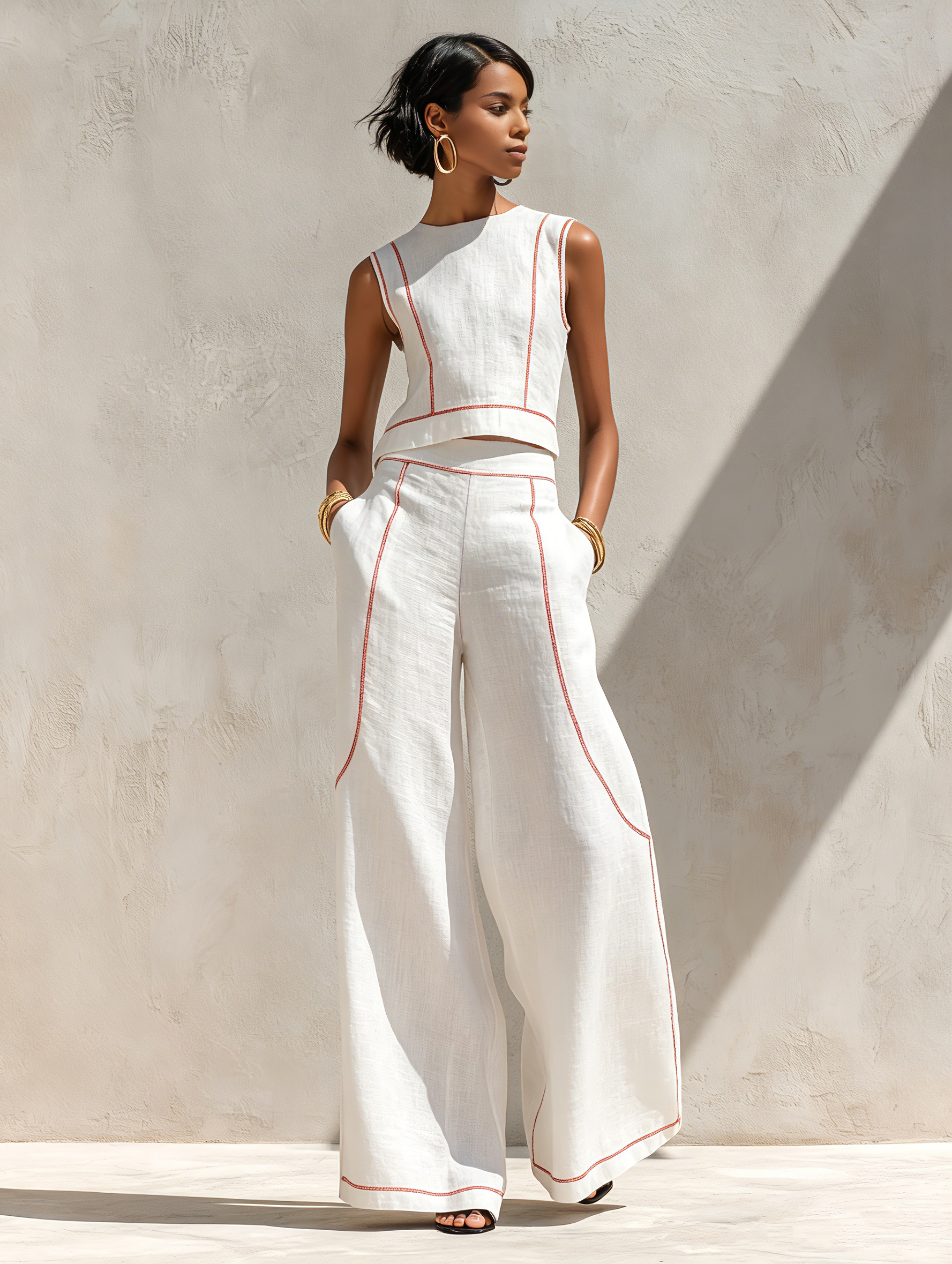 Corallina | Completo pantalone in misto lino con cuciture a contrasto