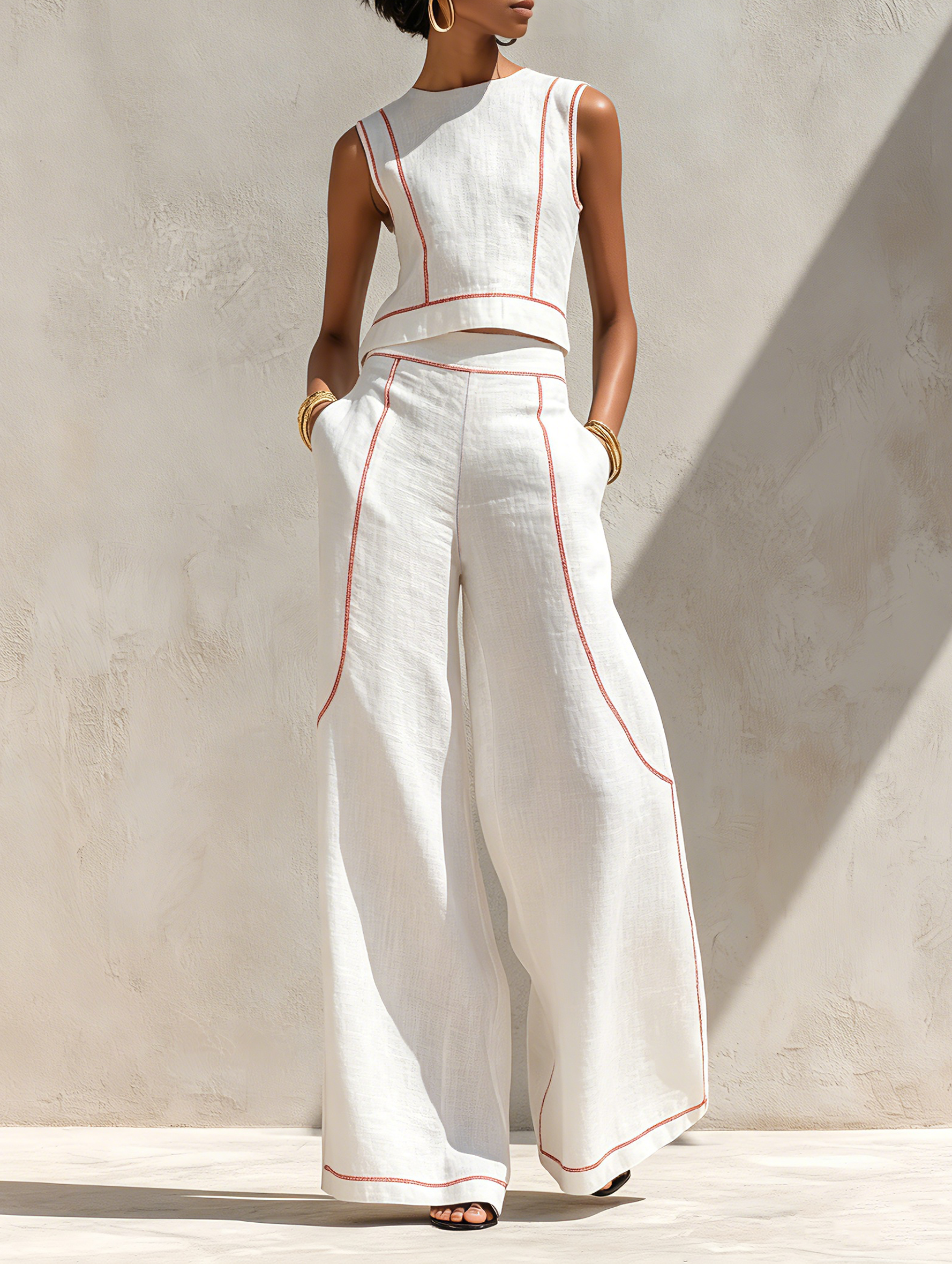 Corallina | Completo pantalone in misto lino con cuciture a contrasto