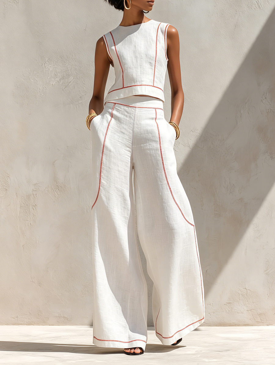 Corallina | Completo pantalone in misto lino con cuciture a contrasto