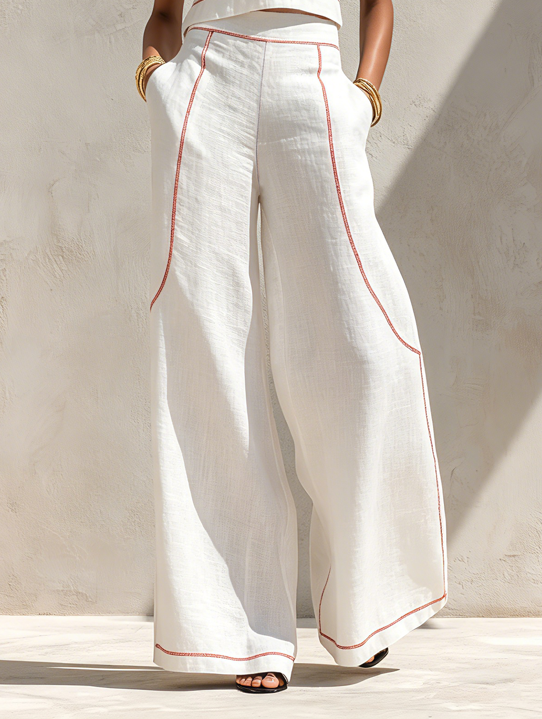 Corallina | Completo pantalone in misto lino con cuciture a contrasto