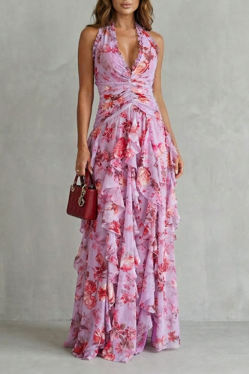 Belladina | Romantica Cascata di Rose Abito Lungo con Scollo all'Americana