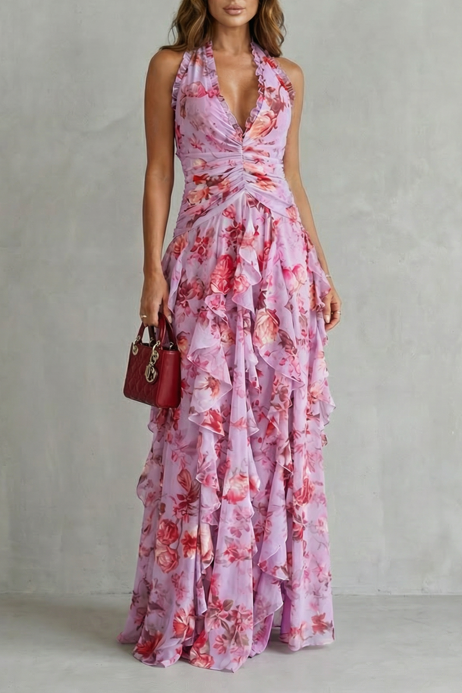 Belladina | Romantica Cascata di Rose Abito Lungo con Scollo all'Americana
