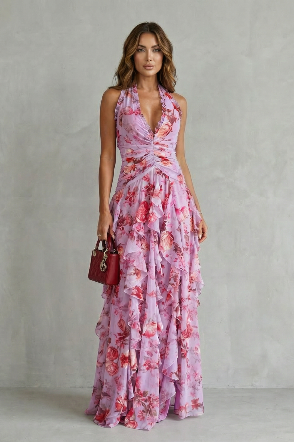 Belladina | Romantica Cascata di Rose Abito Lungo con Scollo all'Americana