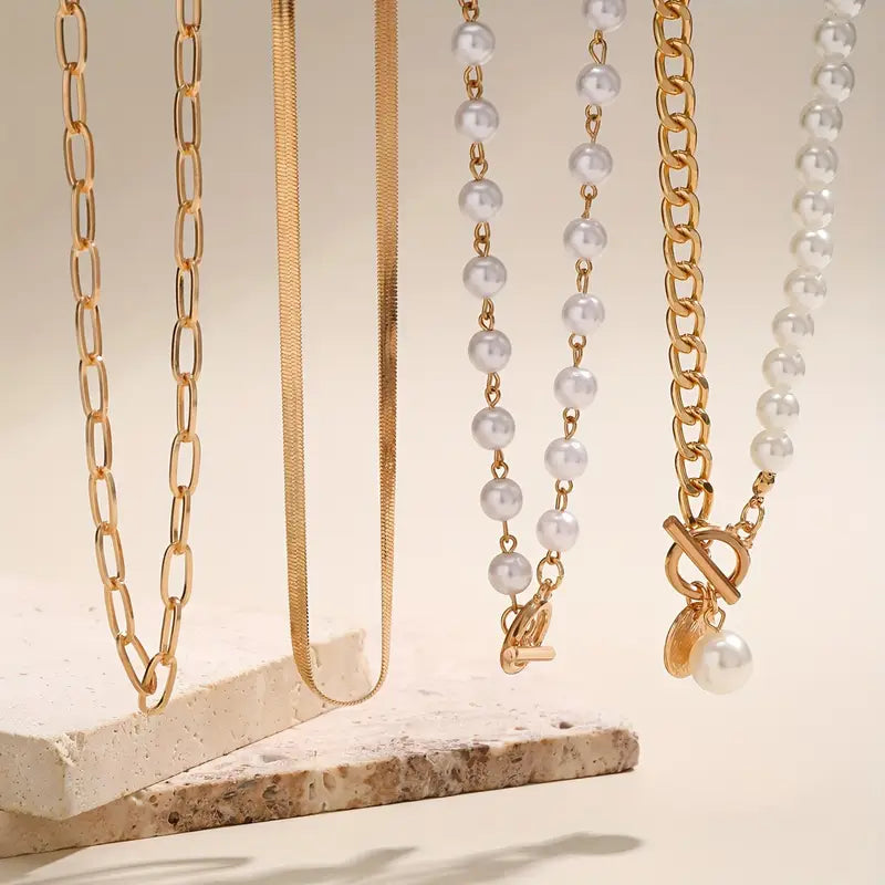 Set di collana vintage con perla e catena a serpente | Oro