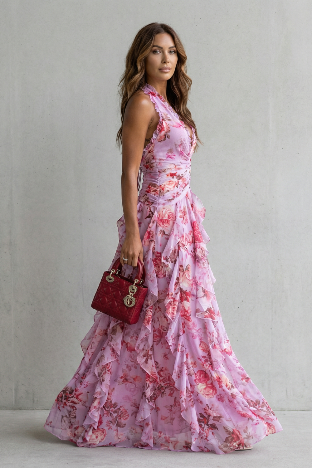Belladina | Romantica Cascata di Rose Abito Lungo con Scollo all'Americana