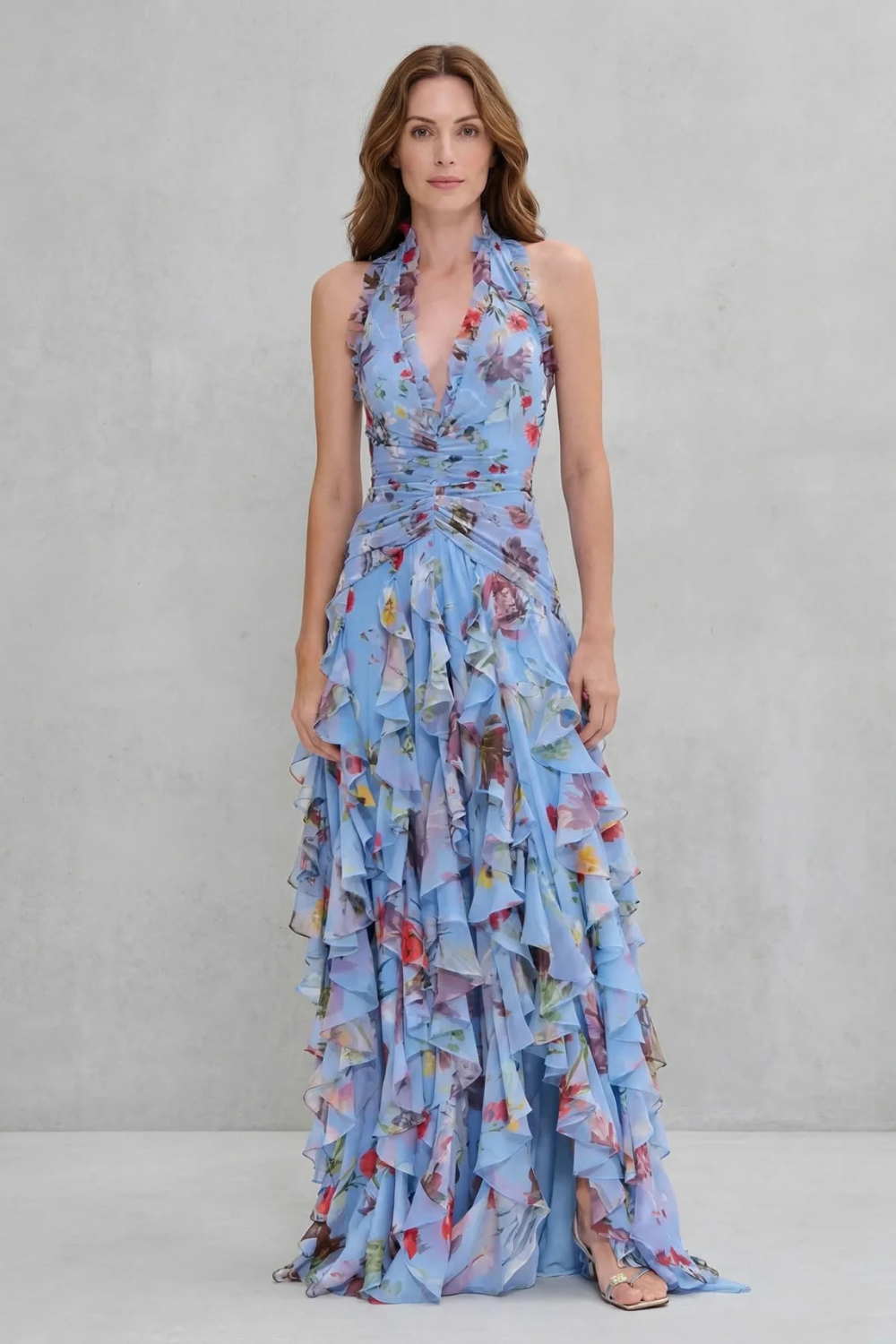 Belladina | Romantica Cascata di Rose Abito Lungo con Scollo all'Americana
