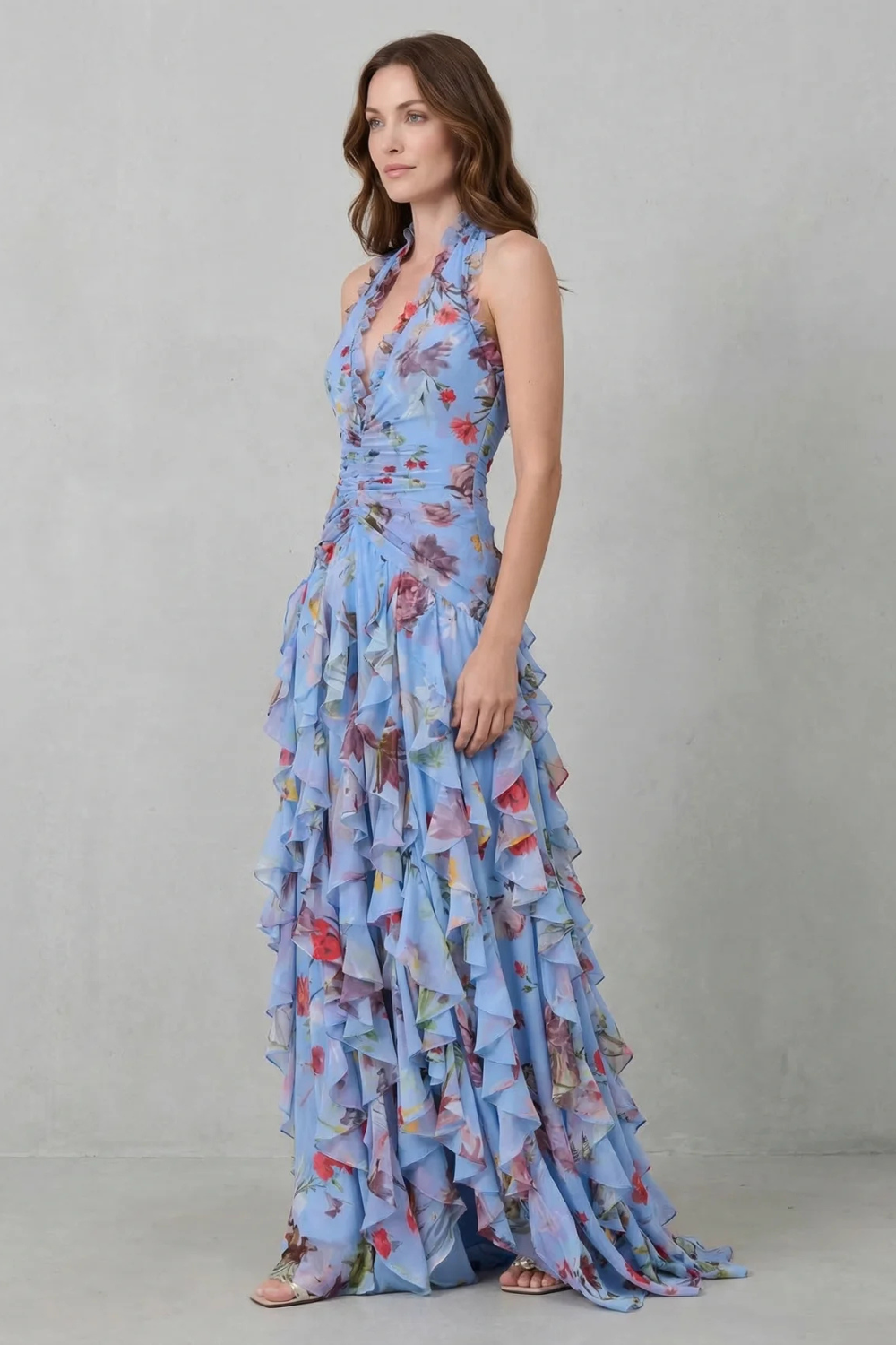 Belladina | Romantica Cascata di Rose Abito Lungo con Scollo all'Americana