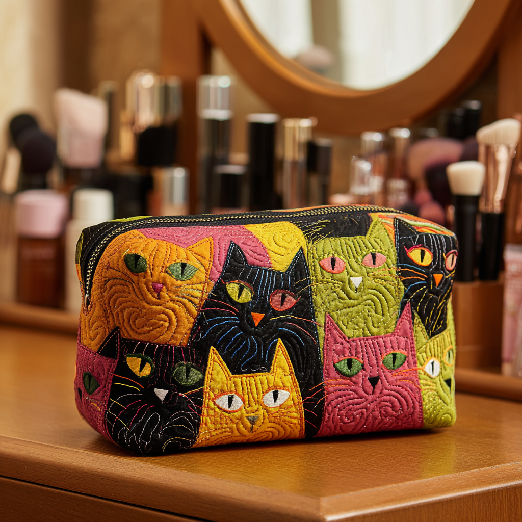 Borsa da trucco trapuntata con gatti