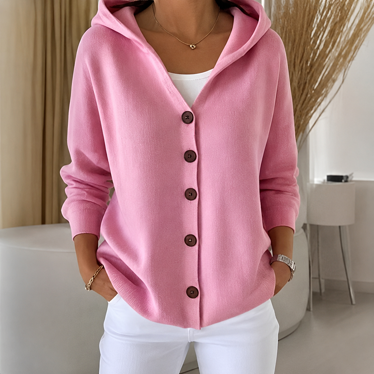 Panna | Cardigan in maglia con cappuccio e bottoni
