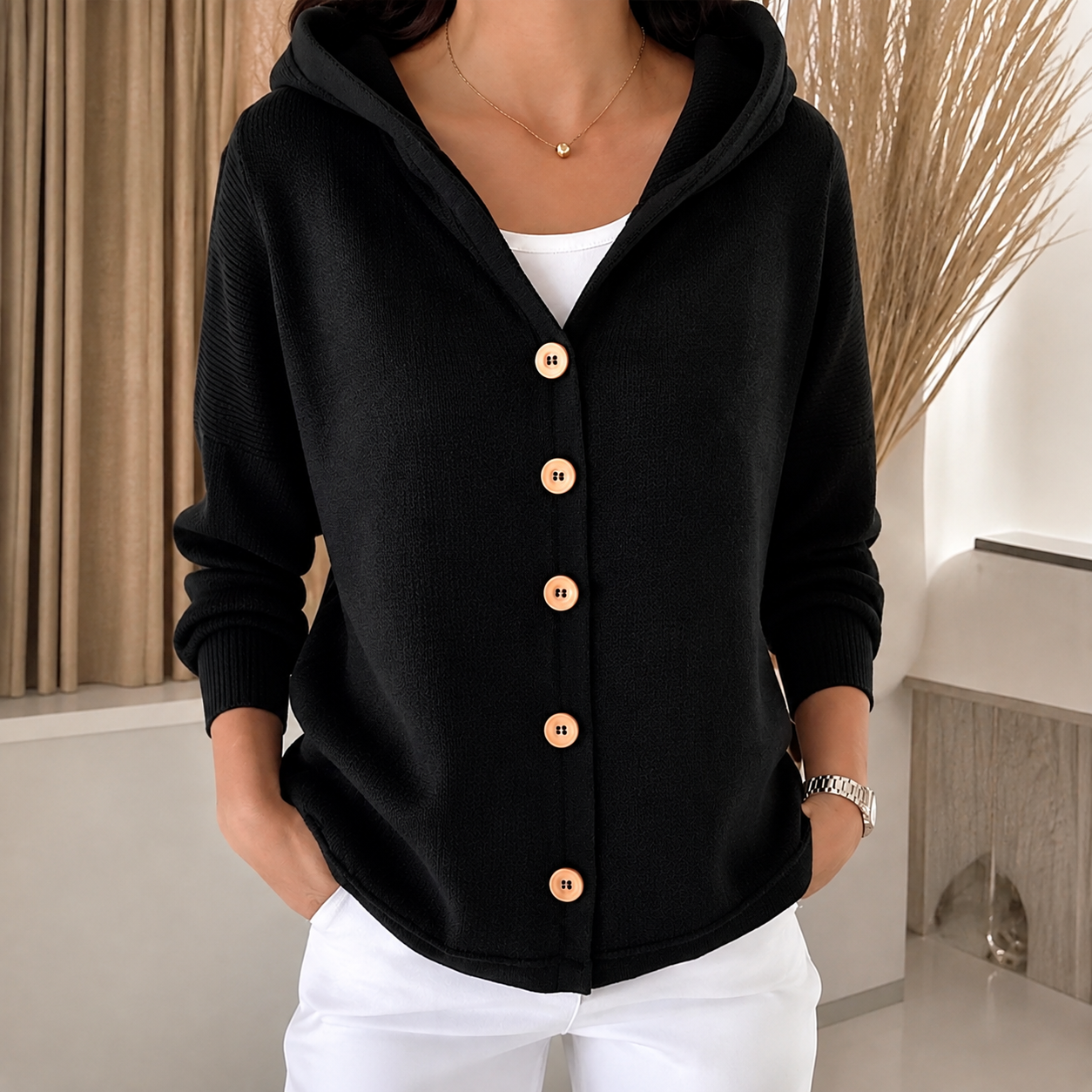 Panna | Cardigan in maglia con cappuccio e bottoni