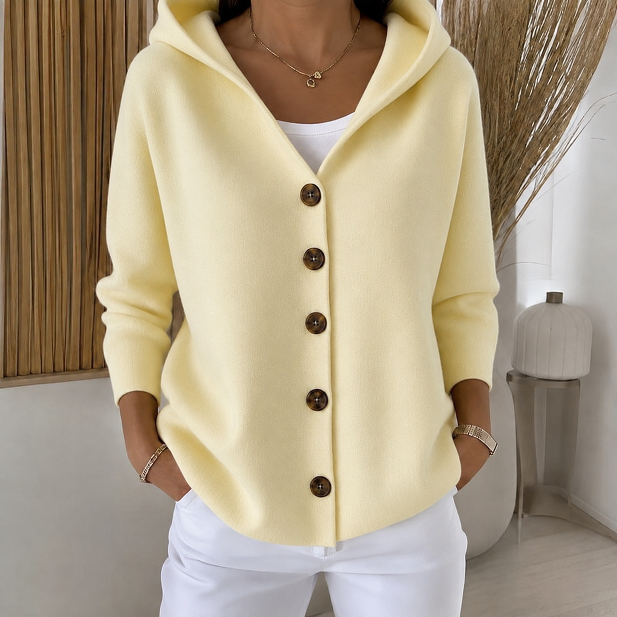 Panna | Cardigan in maglia con cappuccio e bottoni