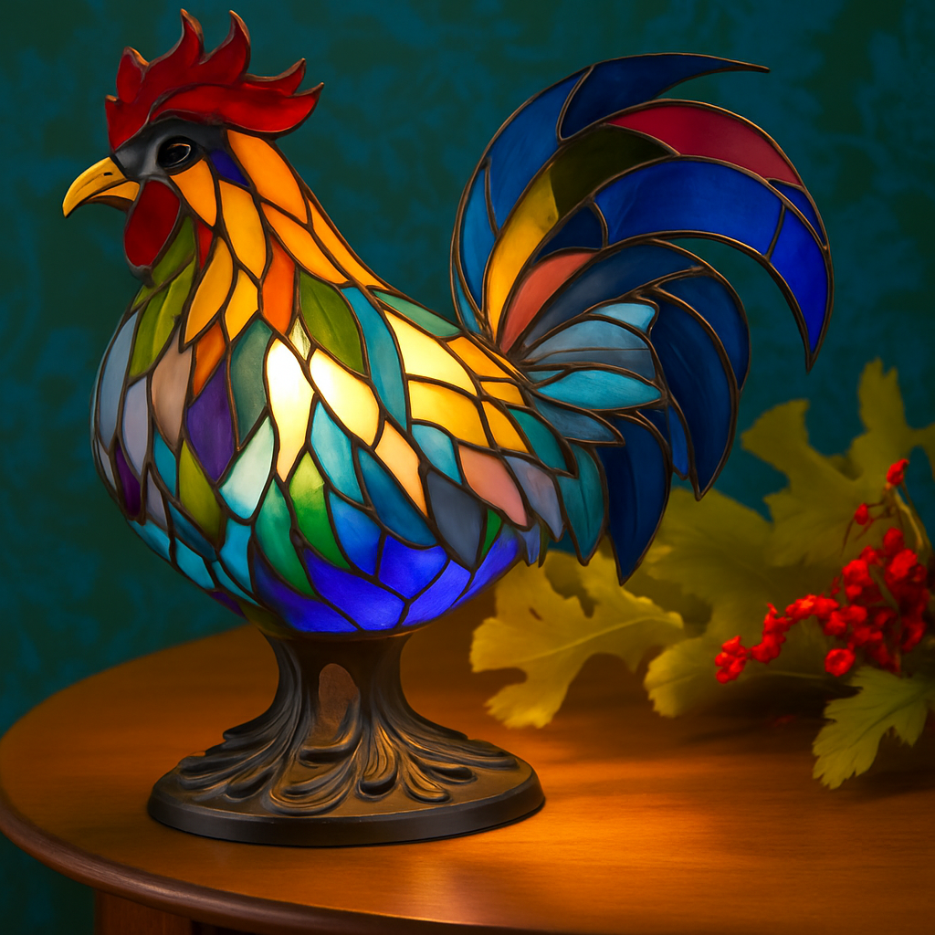 Lampada a forma di gallo in vetro colorato