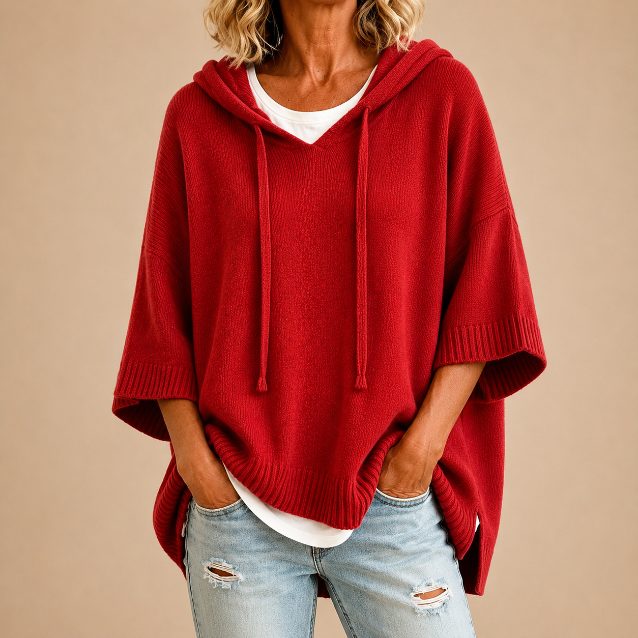 Ottavia | Maglione tipo poncho in maglia con cappuccio e maniche a tre quarti.