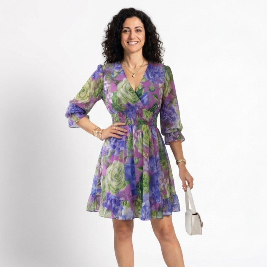 Zaffira | Abito mini floreale con vita smock