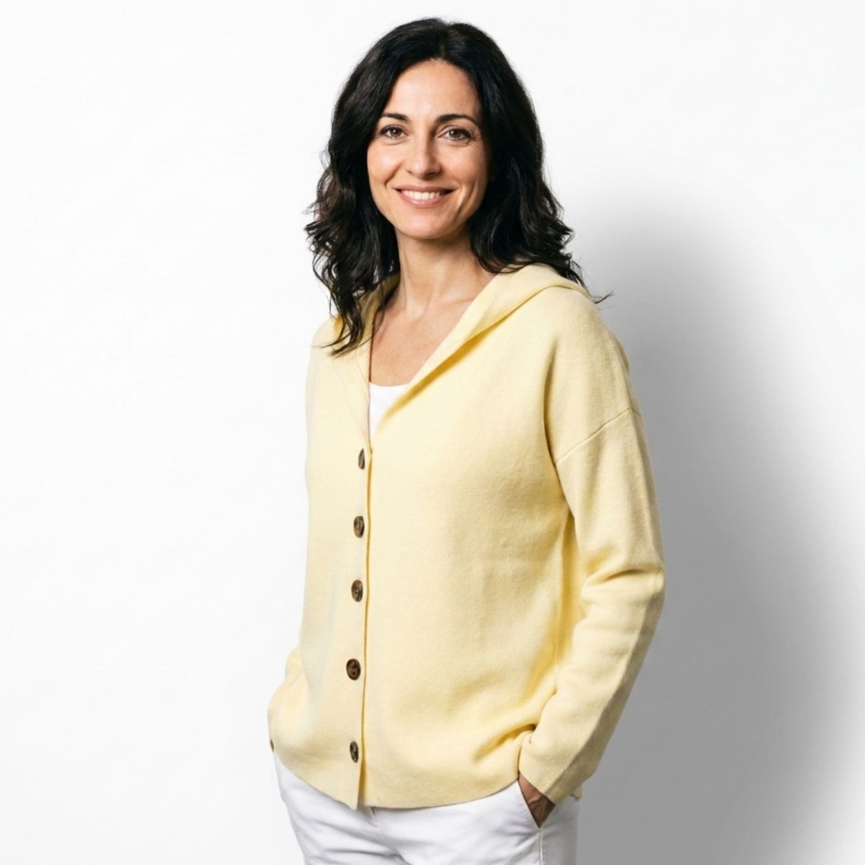 Panna | Cardigan in maglia con cappuccio e bottoni