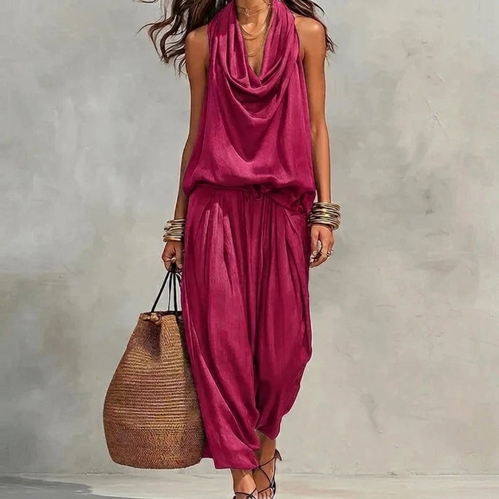 Ambra | Completo fluido con top halter drappeggiato e pantaloni