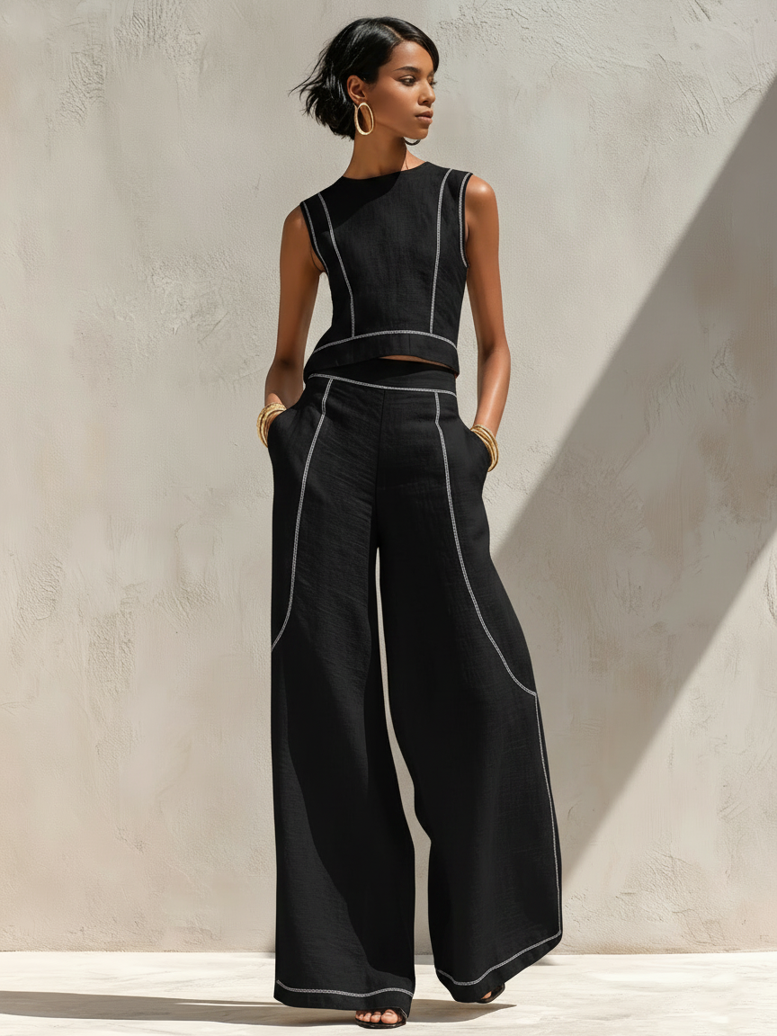 Corallina | Completo pantalone in misto lino con cuciture a contrasto