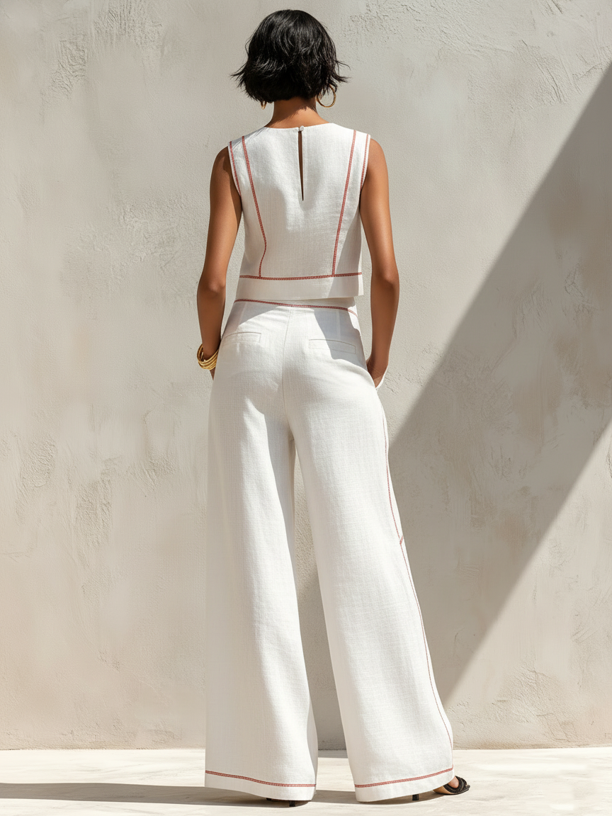 Corallina | Completo pantalone in misto lino con cuciture a contrasto