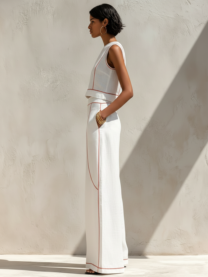 Corallina | Completo pantalone in misto lino con cuciture a contrasto