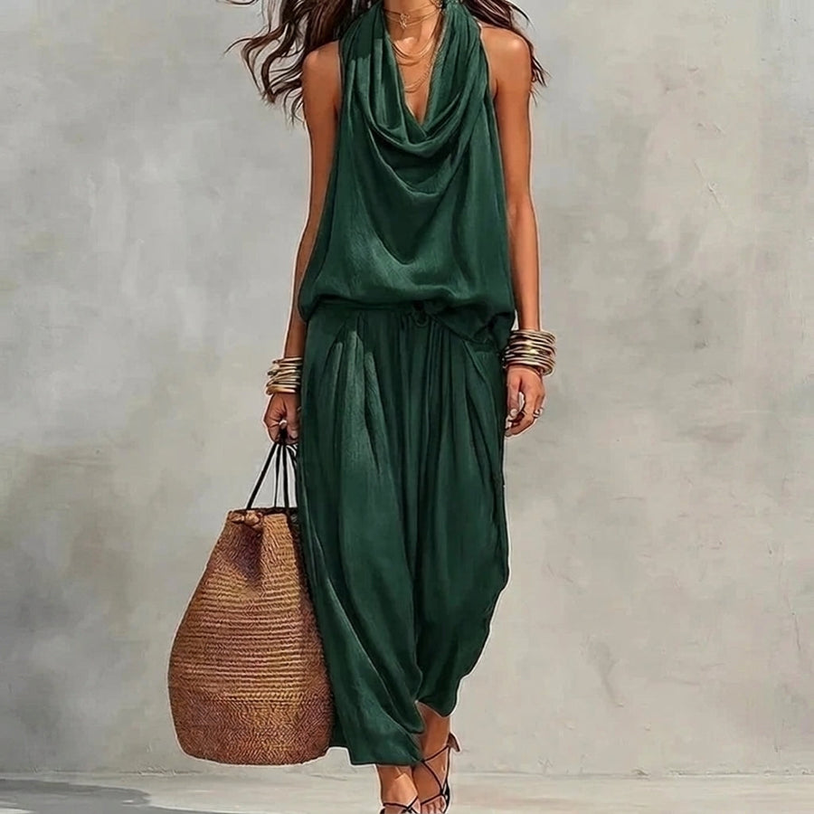 Ambra | Completo fluido con top halter drappeggiato e pantaloni
