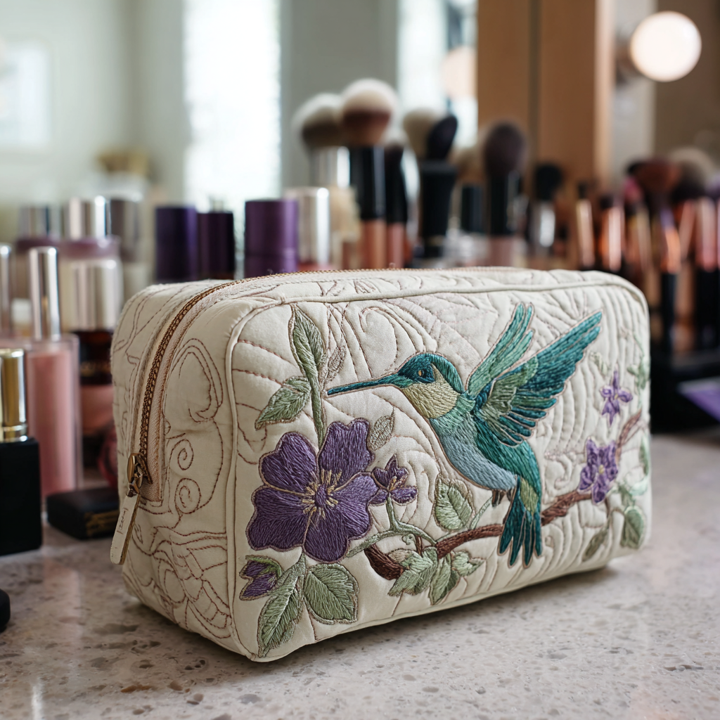 Borsa per il trucco Hummingbird Bloom Trapuntata