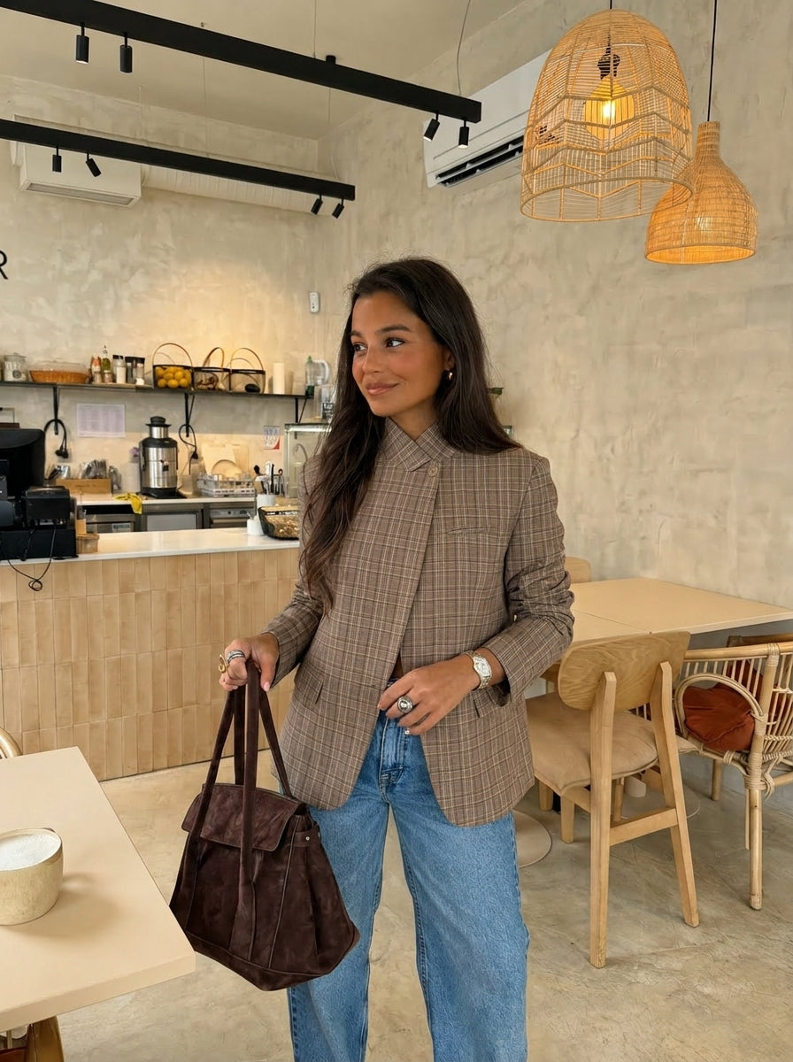 Martina | Blazer asimmetrico a quadri color tortora