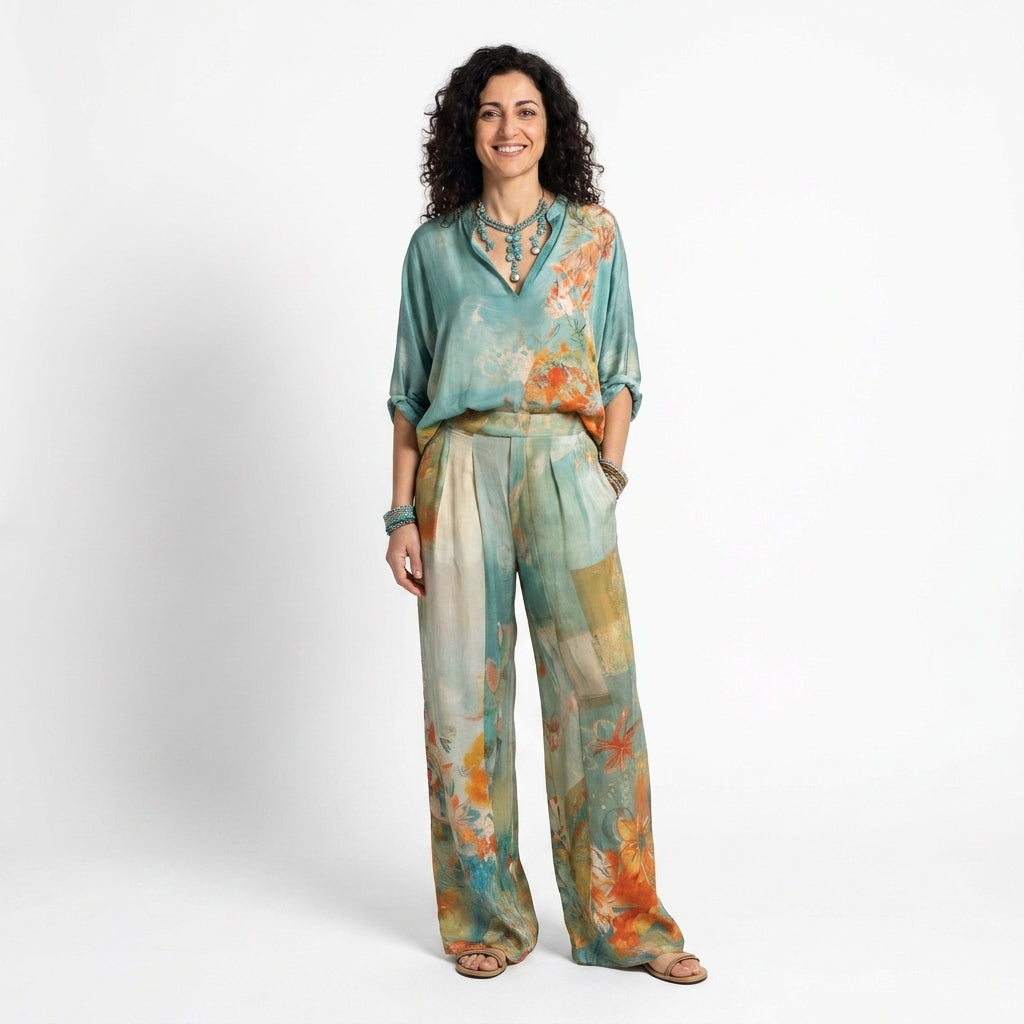 Mirella | Elegante completo con stampa floreale e pantaloni ampi
