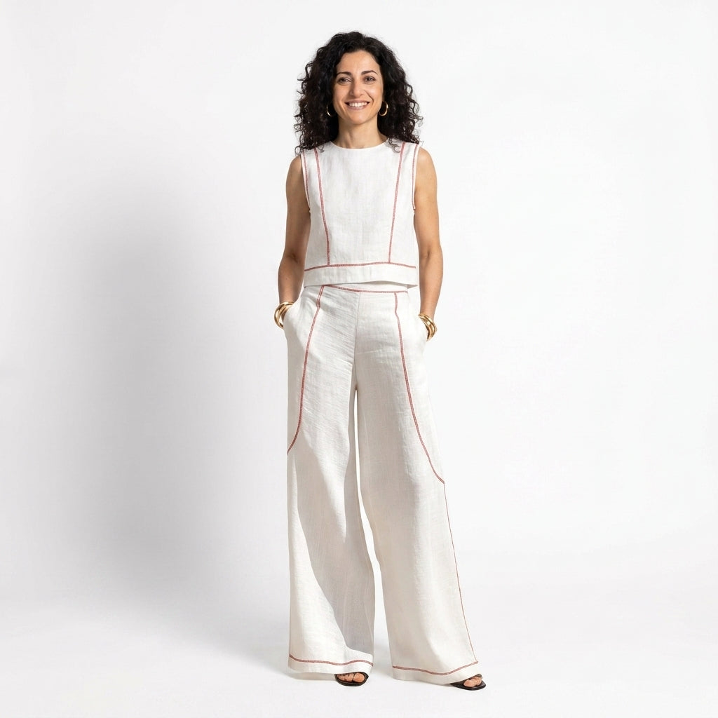 Corallina | Completo pantalone in misto lino con cuciture a contrasto