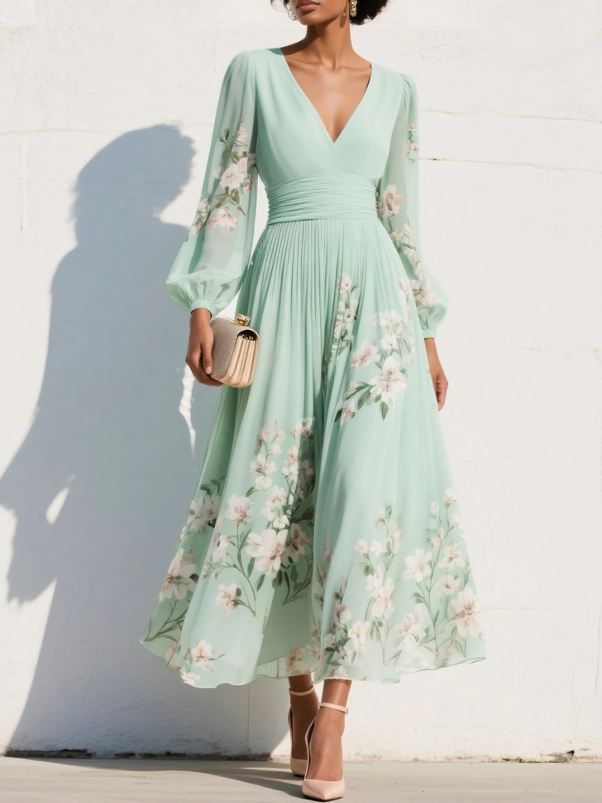 Cisella | Abito Midi Verde Chiaro Floreale