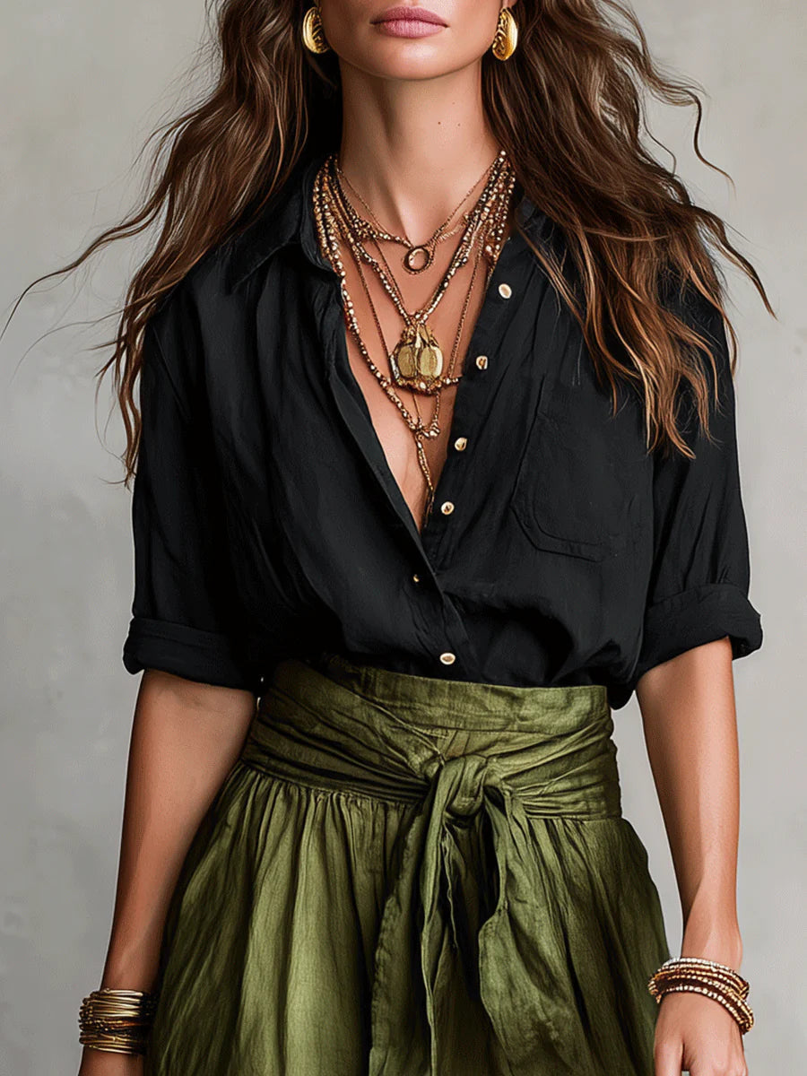 Verona – Completo due pezzi: t-shirt nera e gonna verde oliva