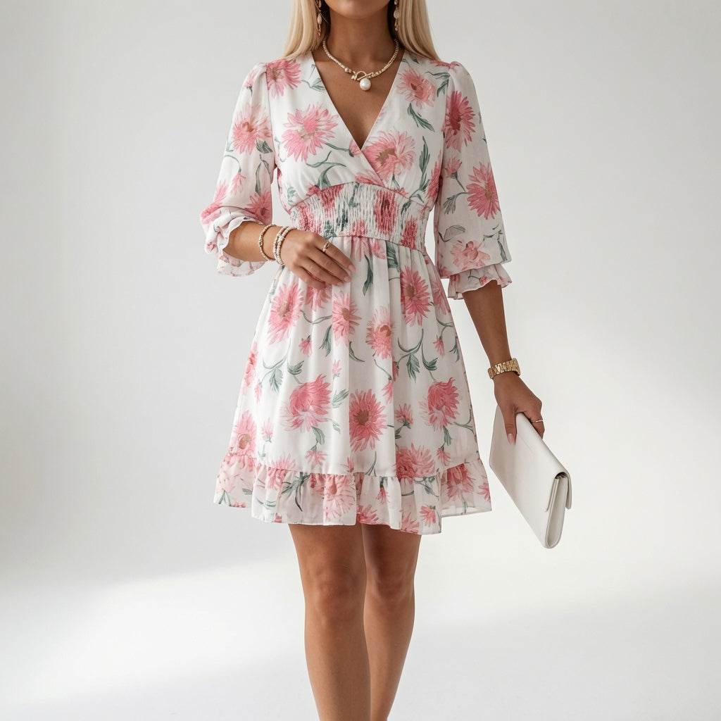 Zaffira | Abito mini floreale con vita smock