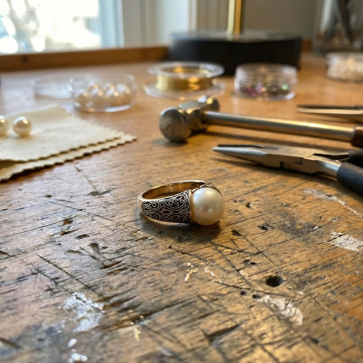 Anello Vintage con Perla Dorata