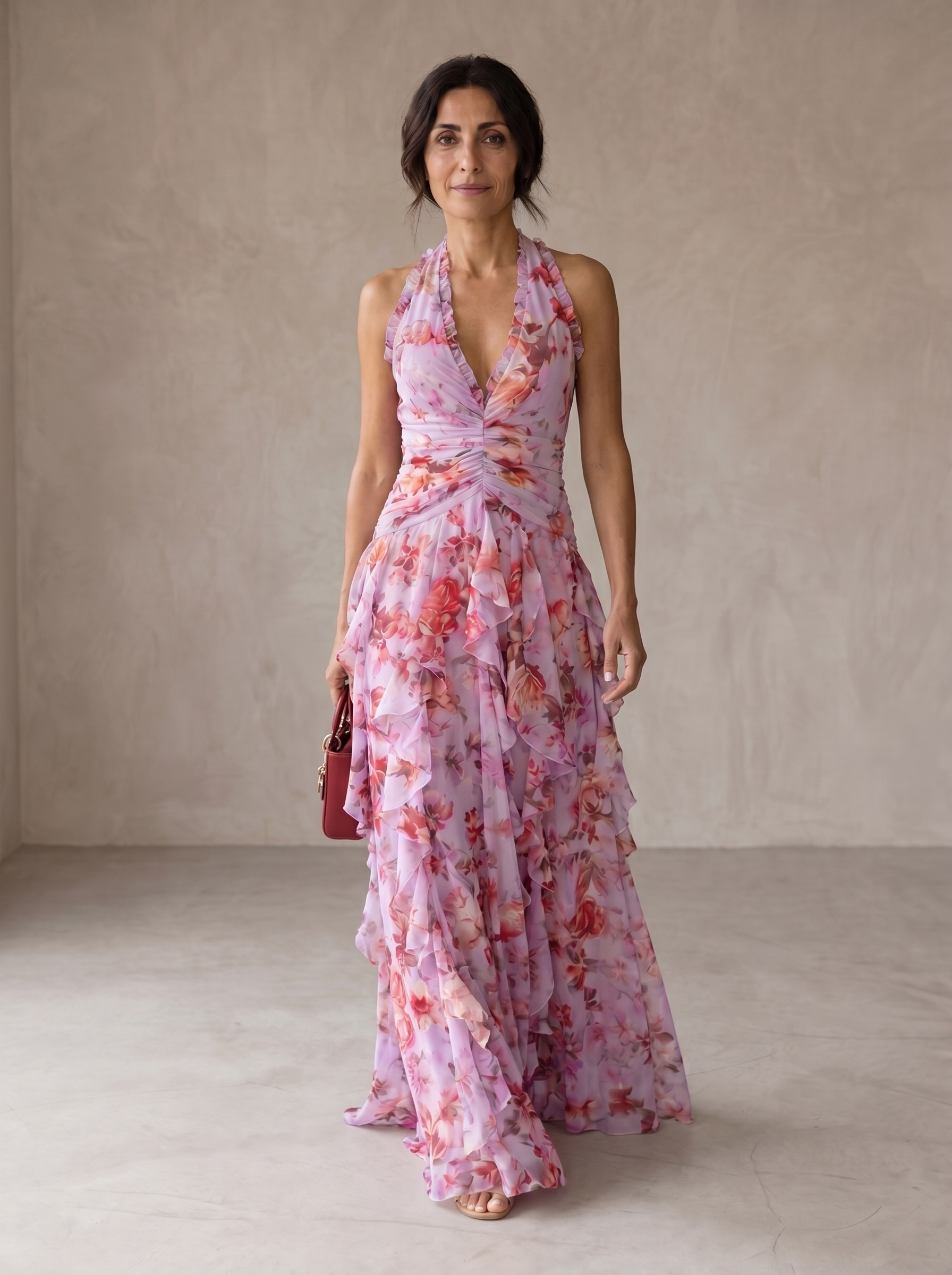 Belladina | Romantica Cascata di Rose Abito Lungo con Scollo all'Americana
