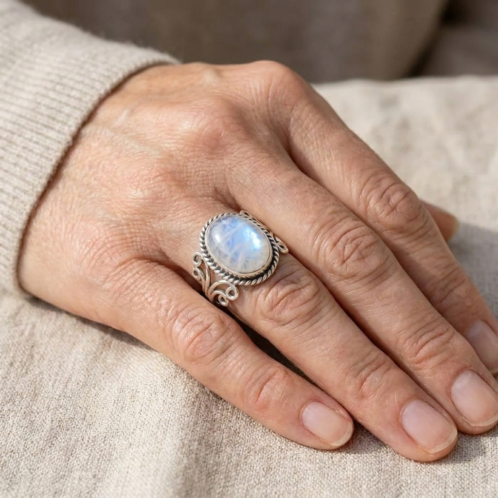 Anello in Pietra di Luna Ovale con Bandiera a Ricciolo