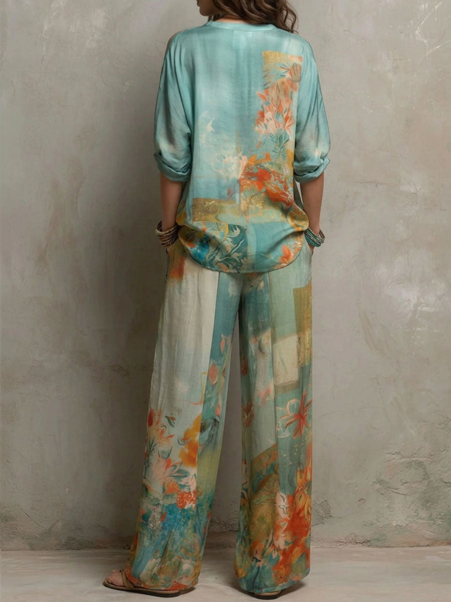Mirella | Elegante completo con stampa floreale e pantaloni ampi
