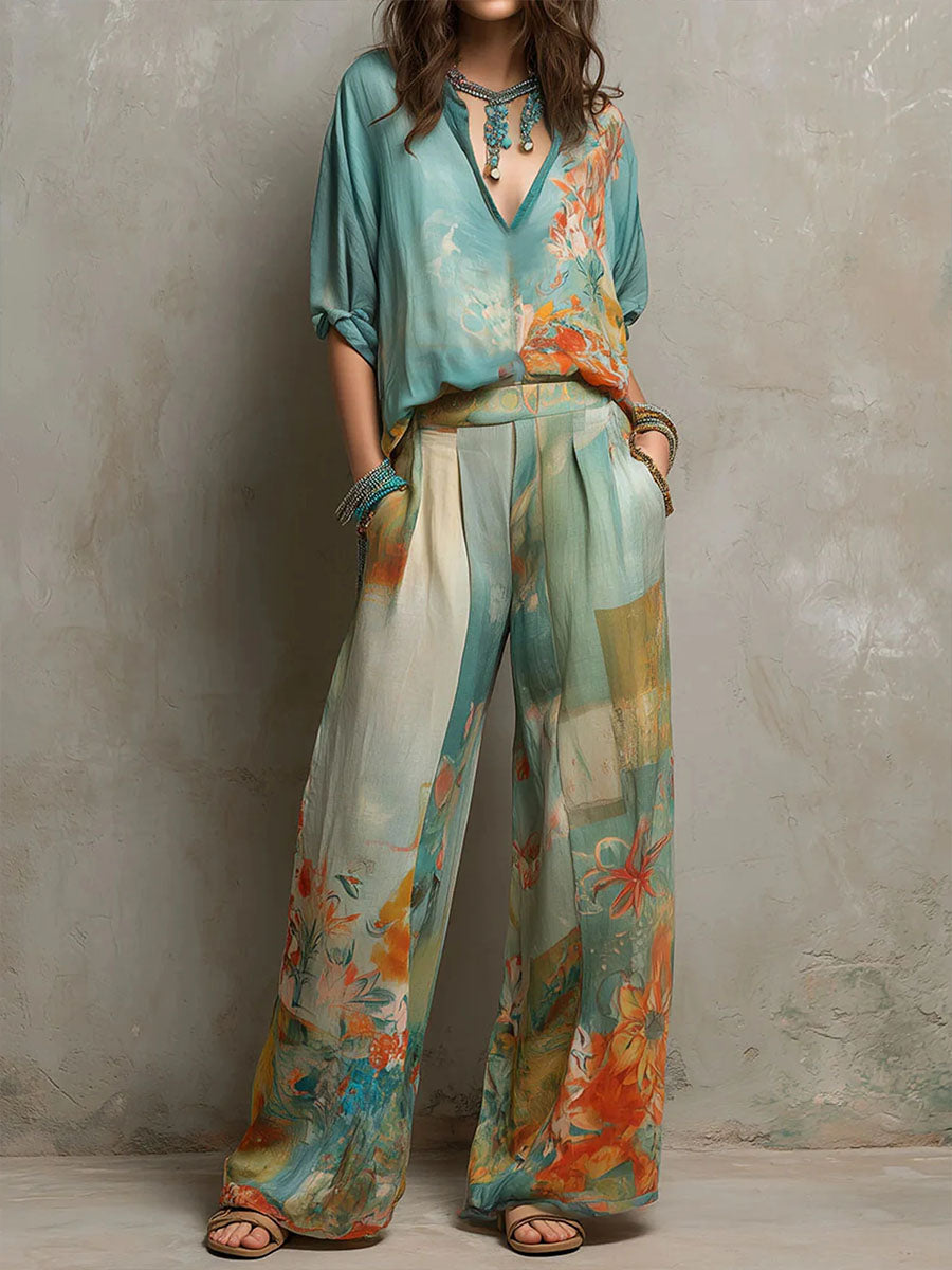 Mirella | Elegante completo con stampa floreale e pantaloni ampi