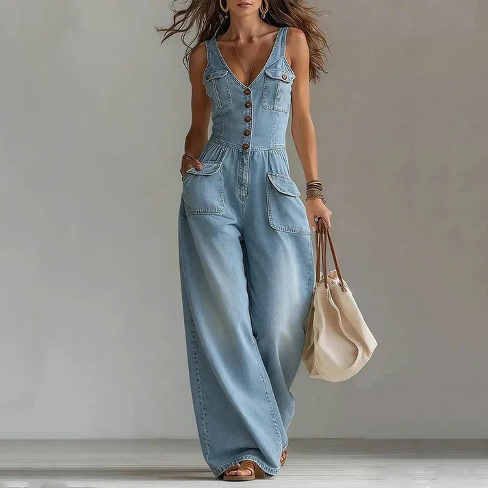 Mia | Tuta di jeans senza maniche con scollo a V